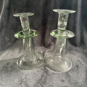 Pottery Barn Savoy taper candle Sticks holders green glass, Set of 2.